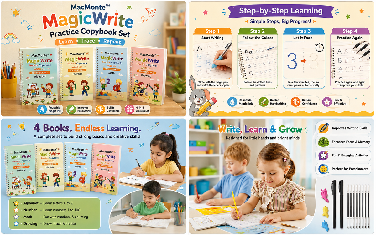 Smart Reusable Magic Practice Copybook Set (4 Books + Pen) + FREE PDF Book