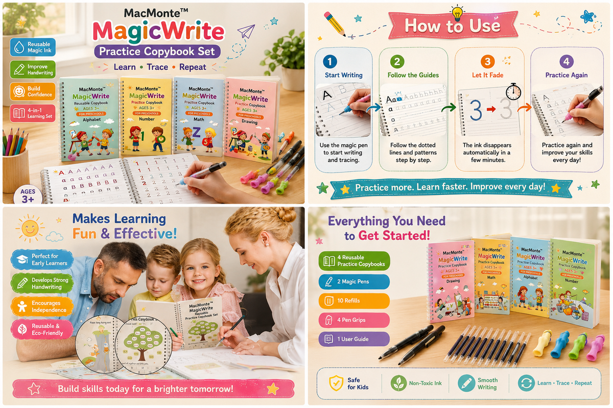 Smart Reusable Magic Practice Copybook Set (4 Books + Pen) + FREE PDF Book