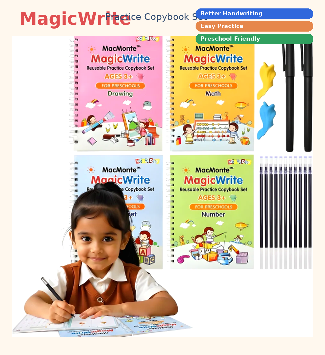Smart Reusable Magic Practice Copybook Set (4 Books + Pen) + FREE PDF Book