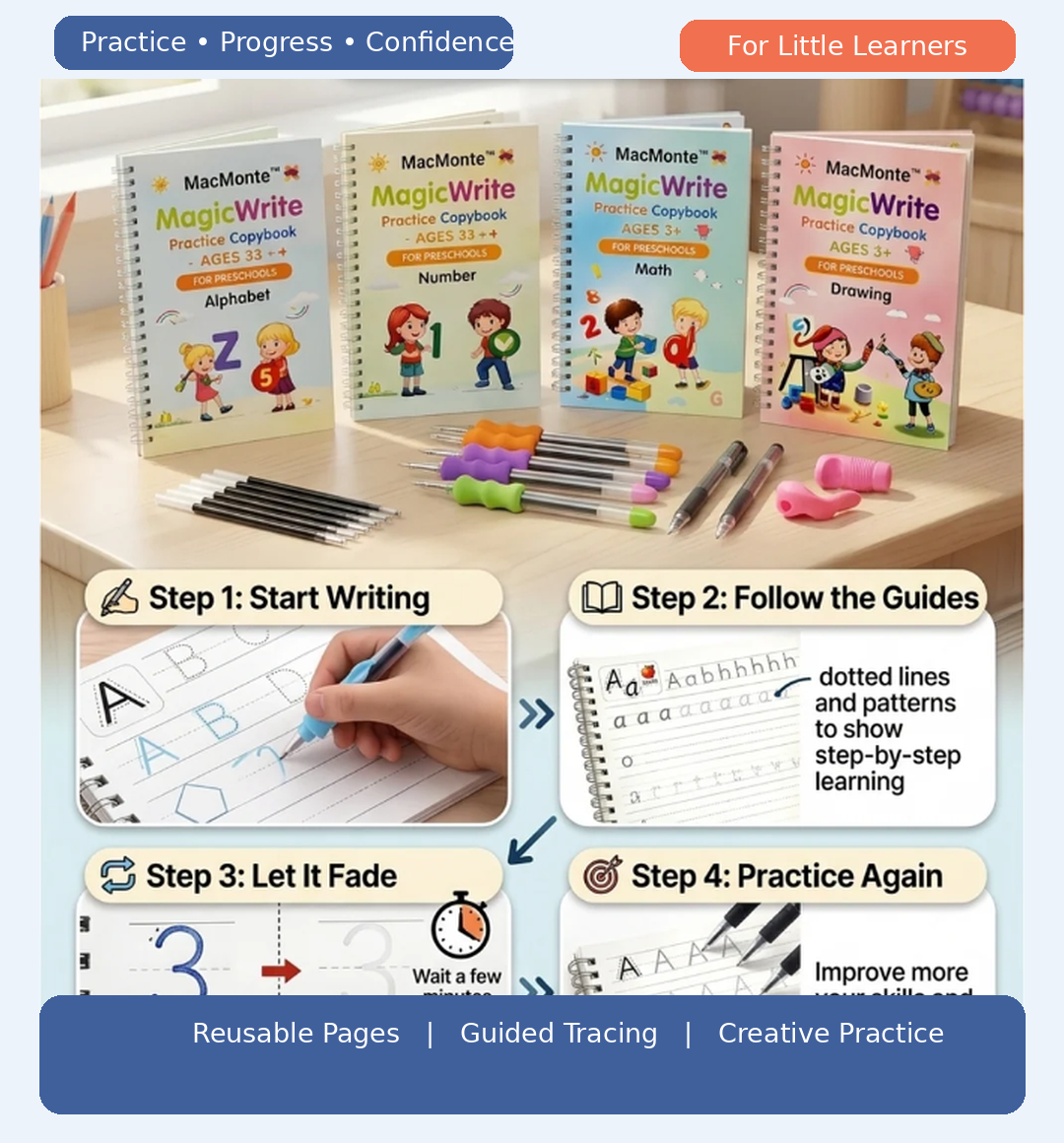 Smart Reusable Magic Practice Copybook Set (4 Books + Pen) + FREE PDF Book