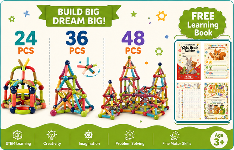 Premium Magnetic Building Blocks for Kids + FREE Learning book